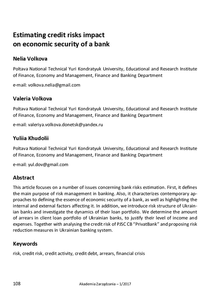 4.1. N. Volkova, V. Volkova, Y. Khudolii, Estimating credit risks impact on economic security of a bank
