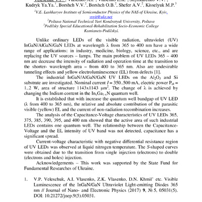Electrical and Luminescence Properties of Ultraviolet LEDs 365-400 nm